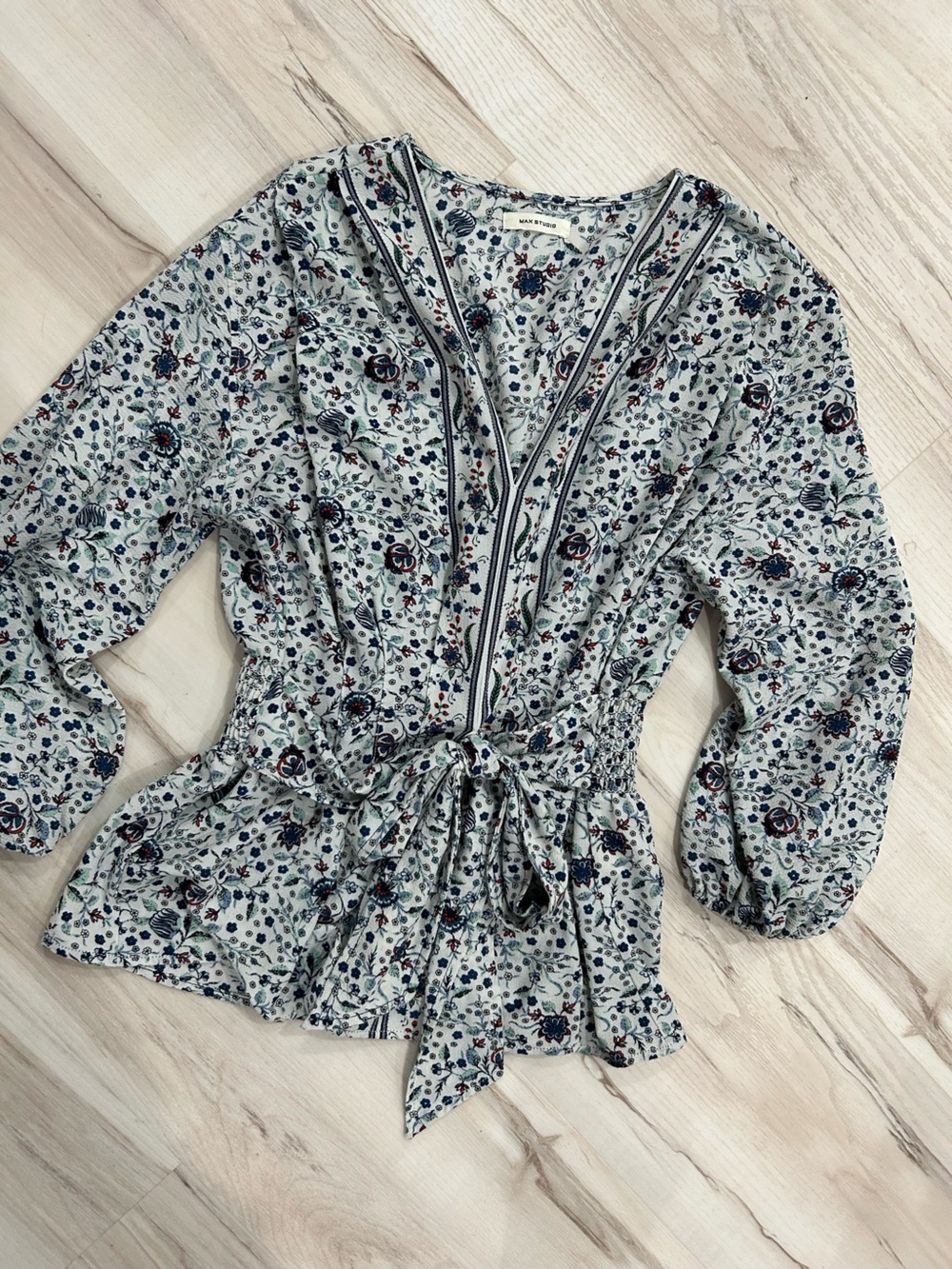 Floral Tie-Waist V-Neck Blouse - Sage Blue